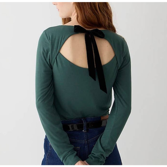 NWT J. Crew Green Pine Solid Open Back Velvet Bow FormKnit Long Sleeve Top Med - Picture 1 of 16